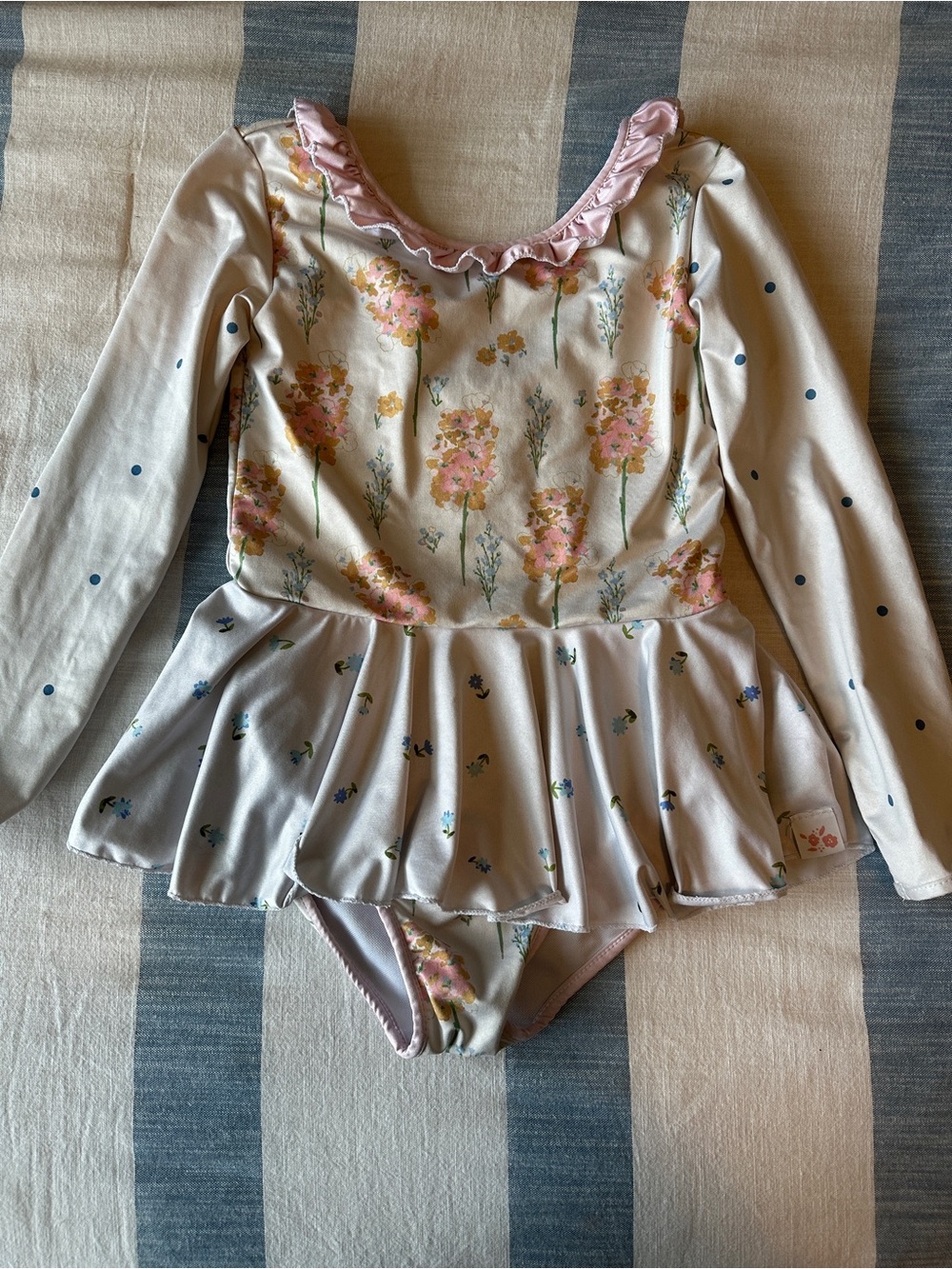 SweetHoney Cream and Pink Floral Long-Sleeve Peplum Leotard